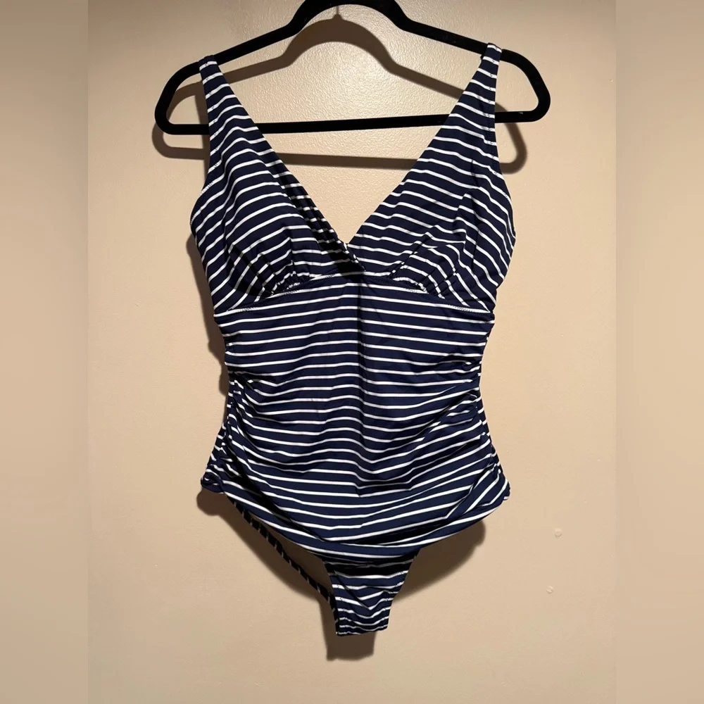 Garnet Hill Navy & White Striped V‑Neck One‑Piece Swimsuit